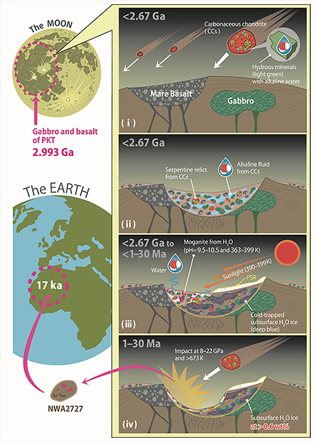 月への水の供給とモガナイトの沈殿の概念図