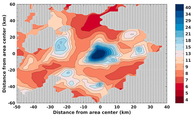 液体の水が存在しているとみられる領域の反射率を示した等高線図