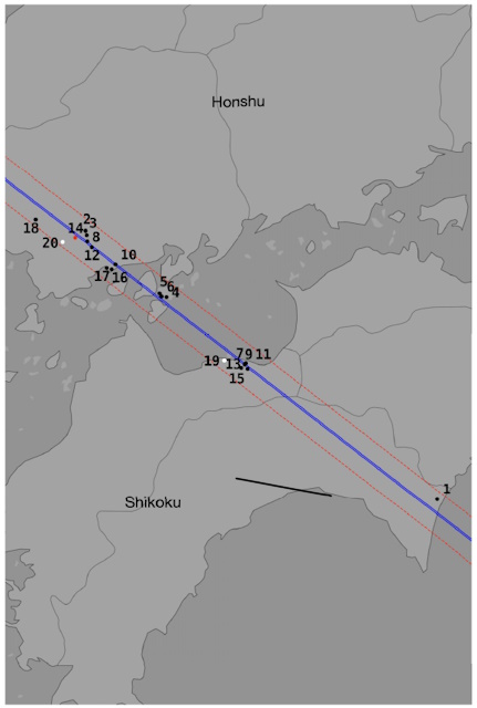 小惑星2001 CC21による掩蔽の観測地点